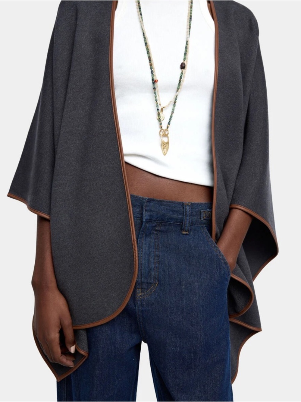 PARFOIS Poncho - Charcoal Grey Knit With Contrasting Stitching Detail (One Size) - Picture 2 of 13
